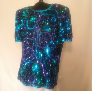 **$ALE** Laurence Kazar sequined short sleeved top